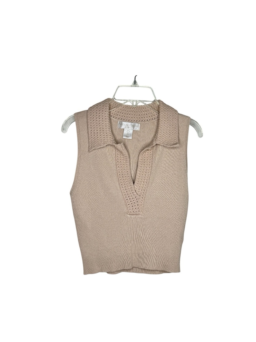Caroline Constas Beige Ribbed Crochet Trim Sleeveless Cropped Top S